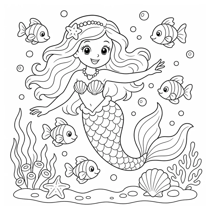 Free printable mermaid coloring page: a smiling mermaid swimming with fish