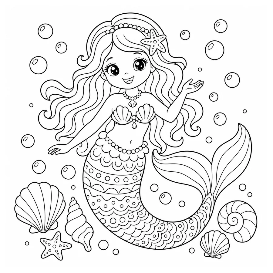 Free printable mermaid coloring page: a mermaid with a patterned tail among bubbles and shells