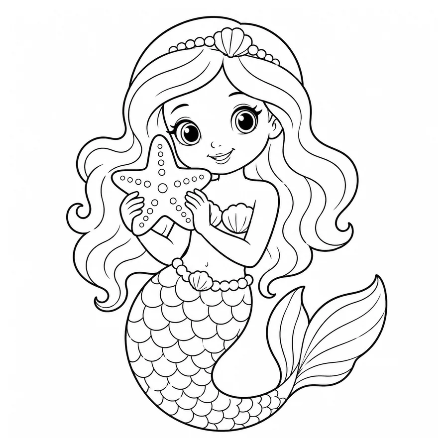 Free printable mermaid coloring page: a young mermaid holding a starfish