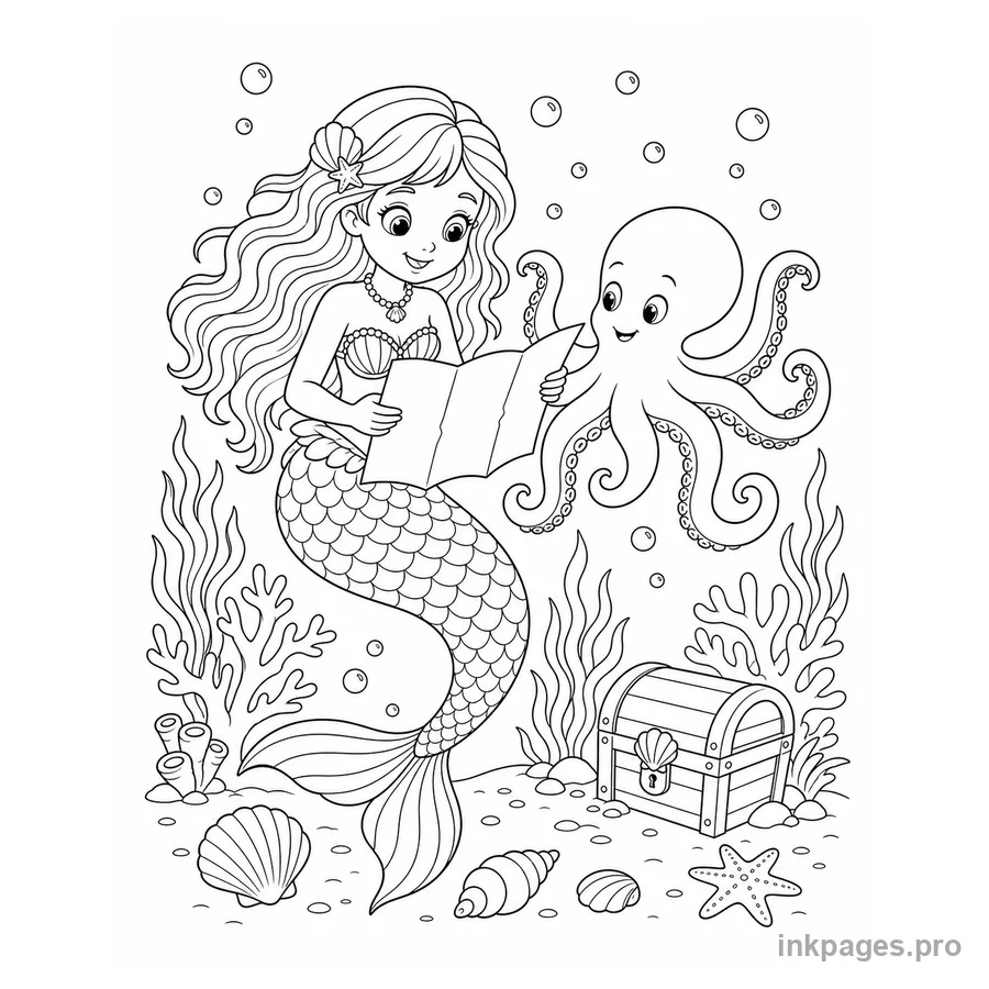 Free printable mermaid coloring page: a young mermaid reading a treasure map beside a friendly octopus and coral