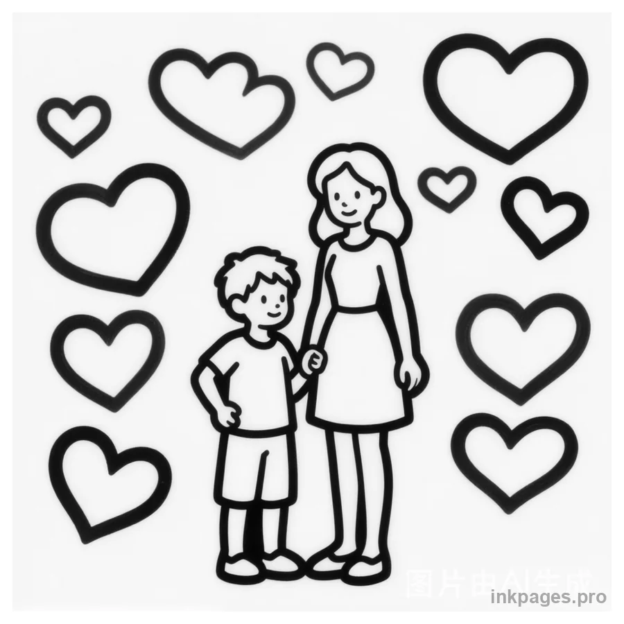 Free printable Mother's Day coloring page: a heart-shaped frame with I love Mom text and flowers