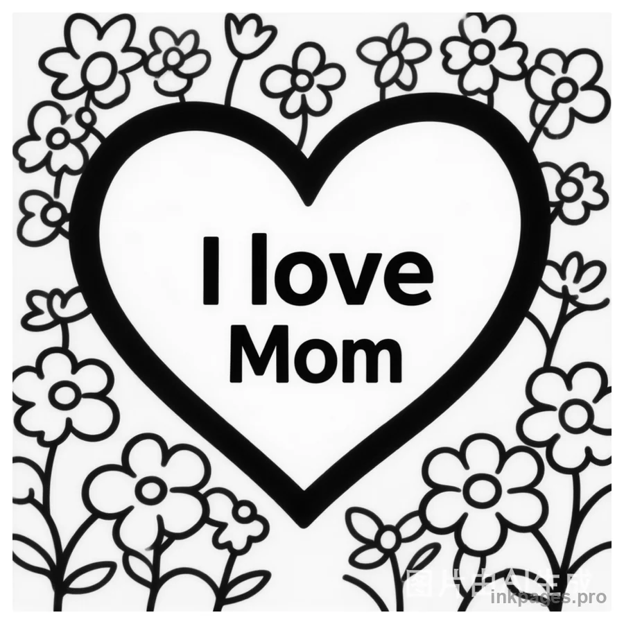 Free printable Mother's Day coloring page: a mother and child holding hands surrounded by hearts