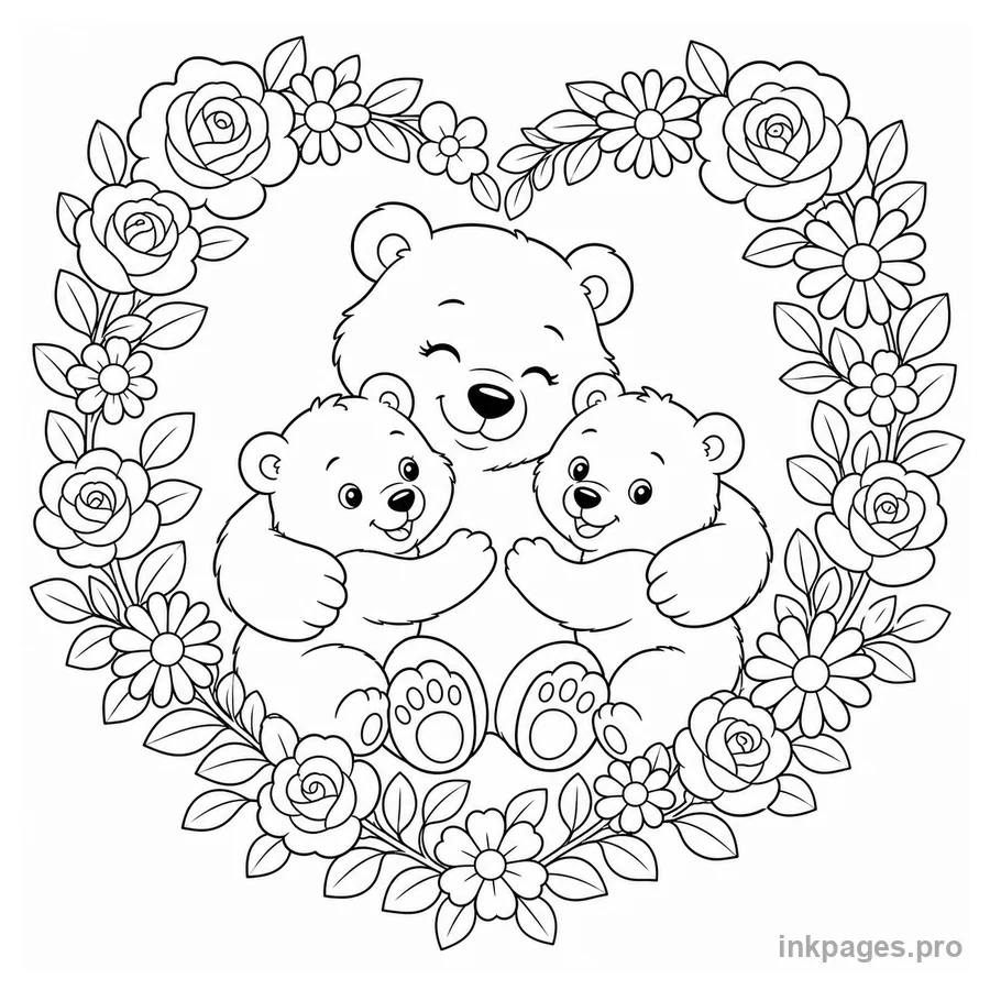Free printable Mother's Day coloring page: a mother bear hugging two cubs inside a large floral heart