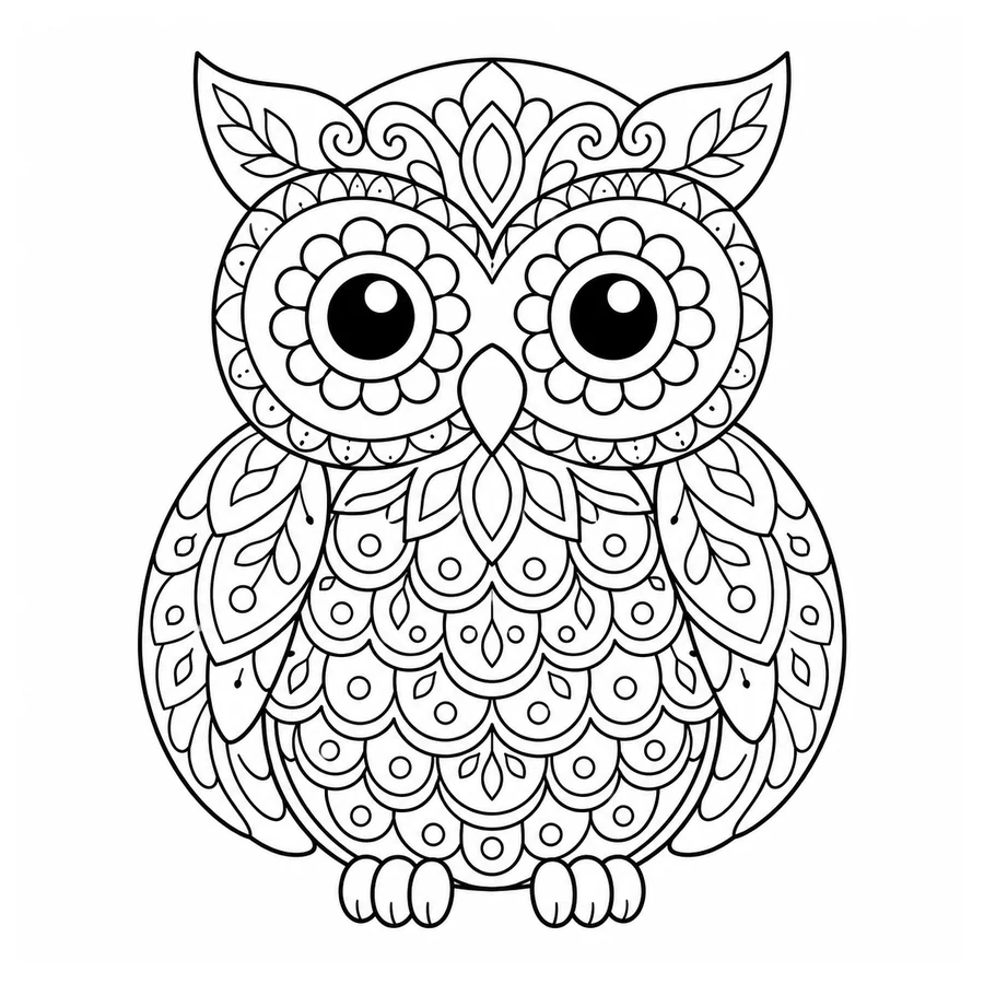 Free printable owl coloring page: an owl with decorative patterned feathers