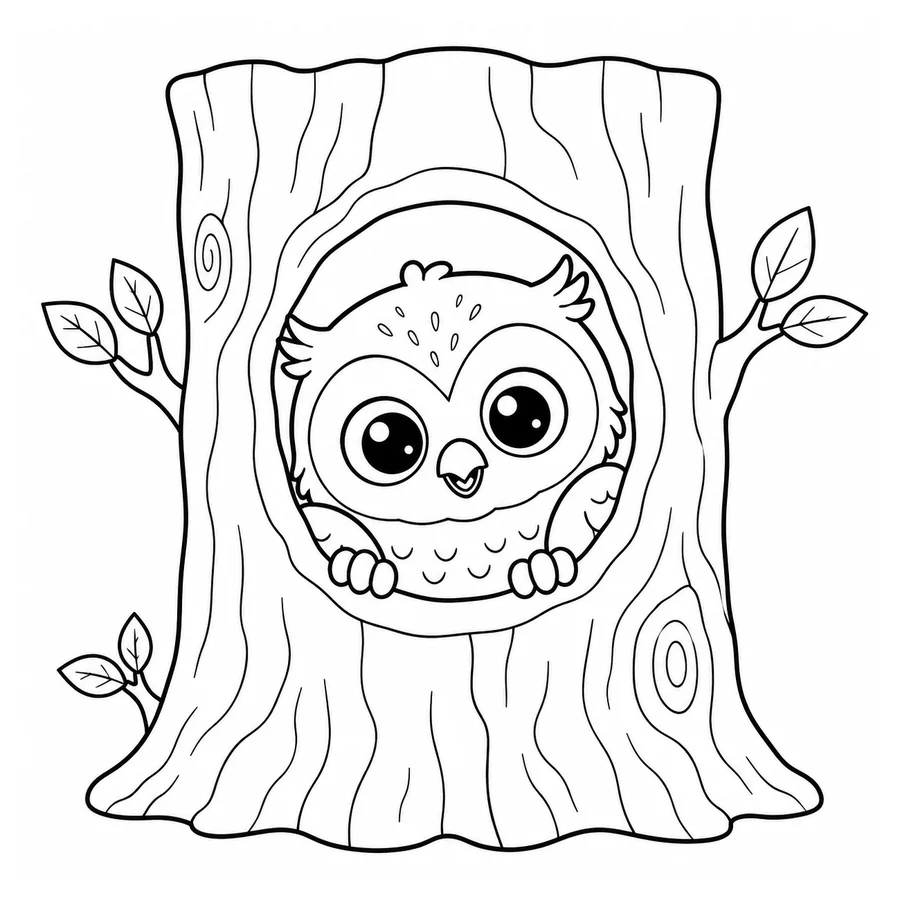 Free printable owl coloring page: a baby owl peeking from a tree hollow