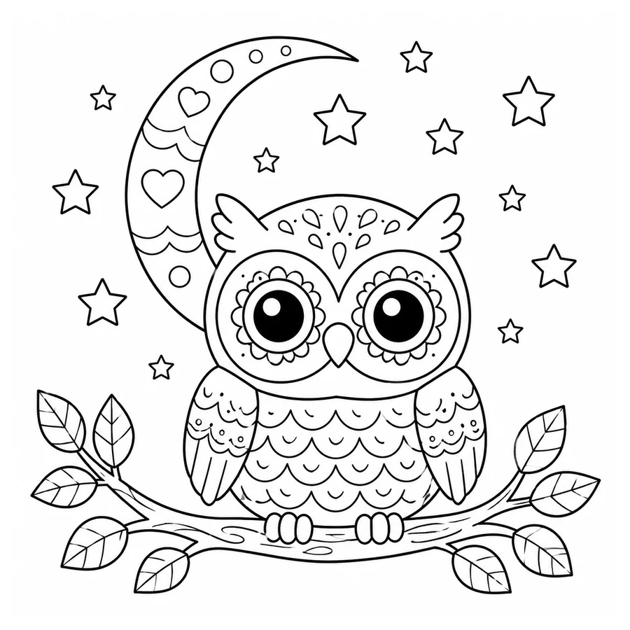 Free printable owl coloring page: an owl under a crescent moon and stars
