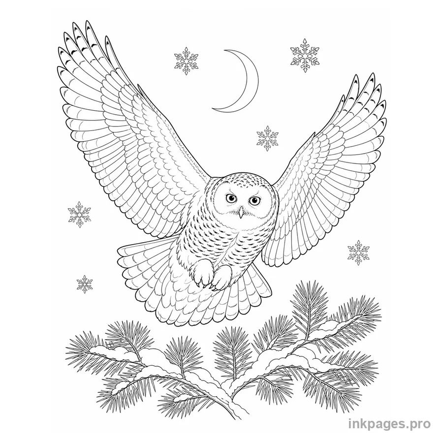 Free printable owl coloring page: a recognizable snowy owl flying with wings spread above simple pine branches