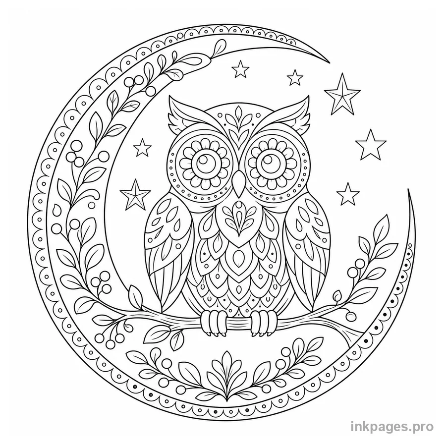 Free printable owl coloring page: a decorative owl perched inside a crescent-moon arch surrounded by stars and leafy folk-art motifs
