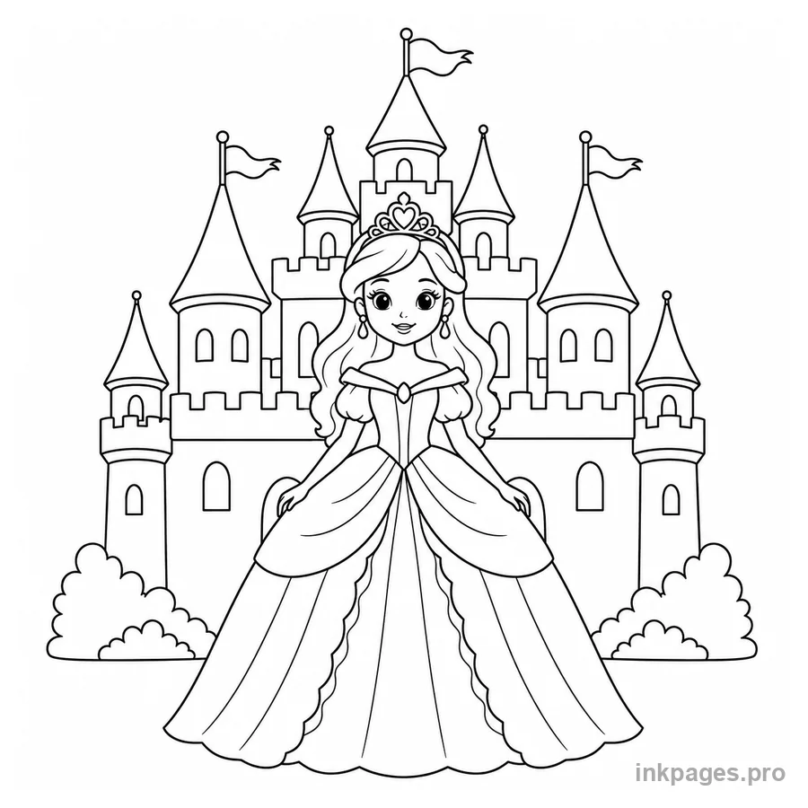 Free printable princess coloring page: a princess in a long dress standing in front of a castle