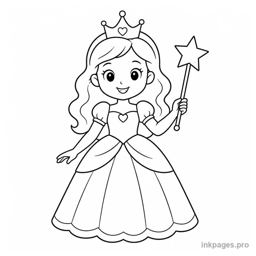 Free printable princess coloring page: a princess holding a magic wand with a star