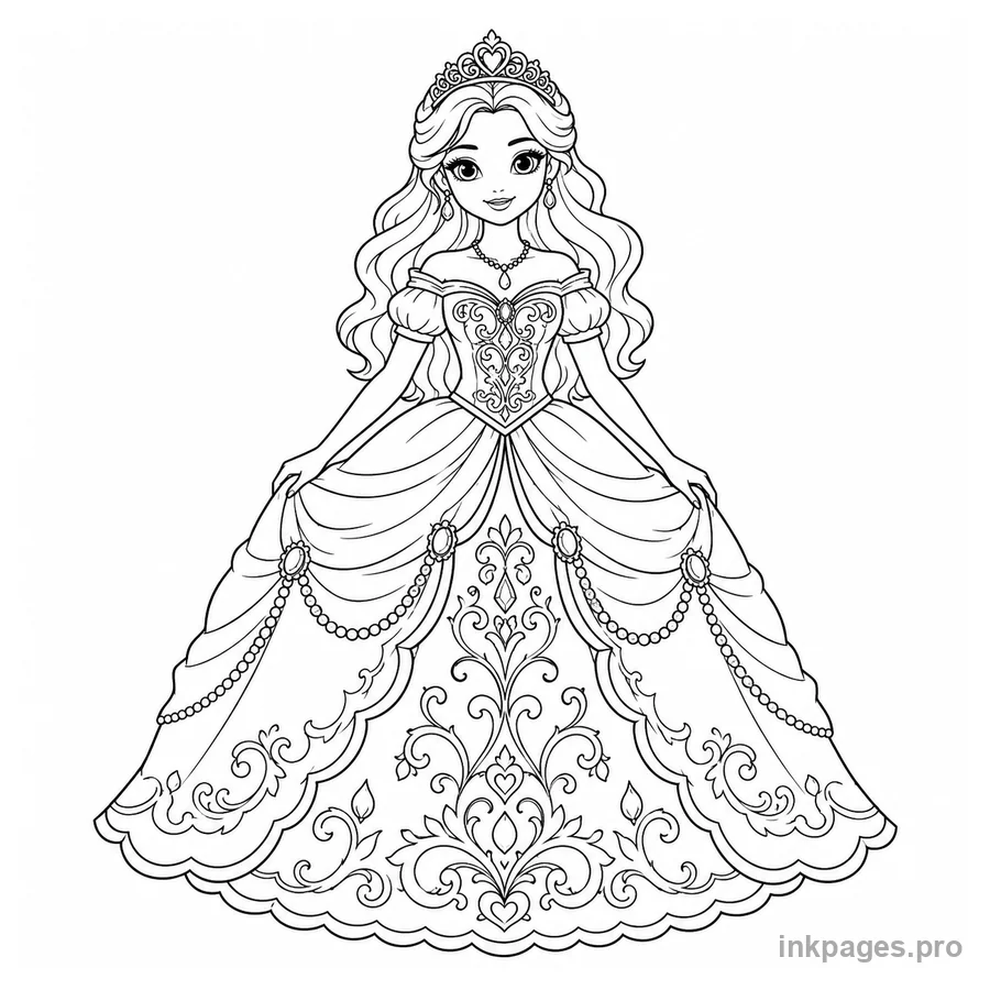 Free printable princess coloring page: a princess with a decorated gown and a tiara