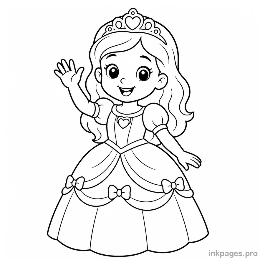 Free printable princess coloring page: a cute young princess waving and smiling