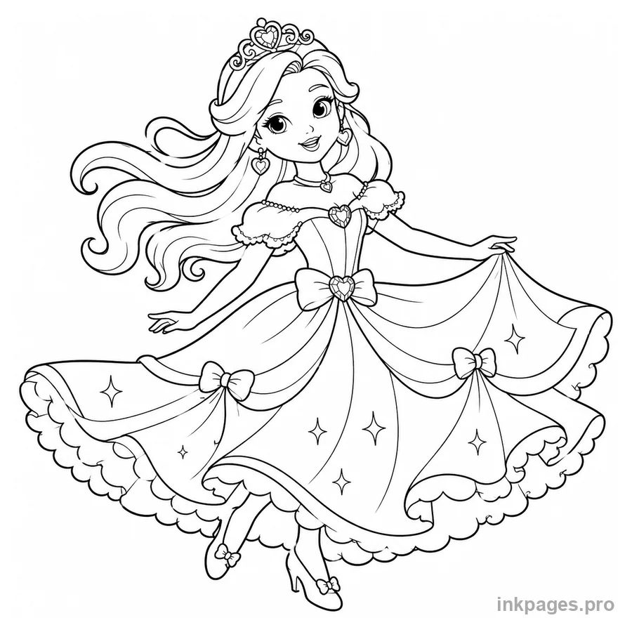Free printable princess coloring page: a princess twirling in a ballgown