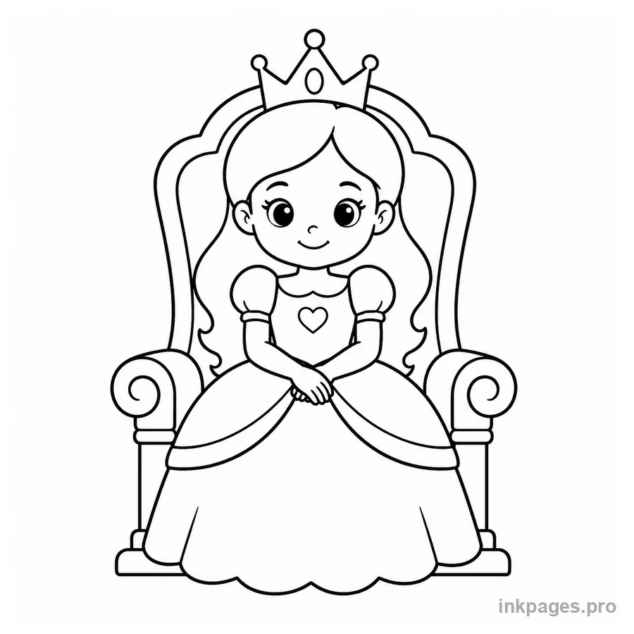 Free printable princess coloring page: a princess sitting on a small throne