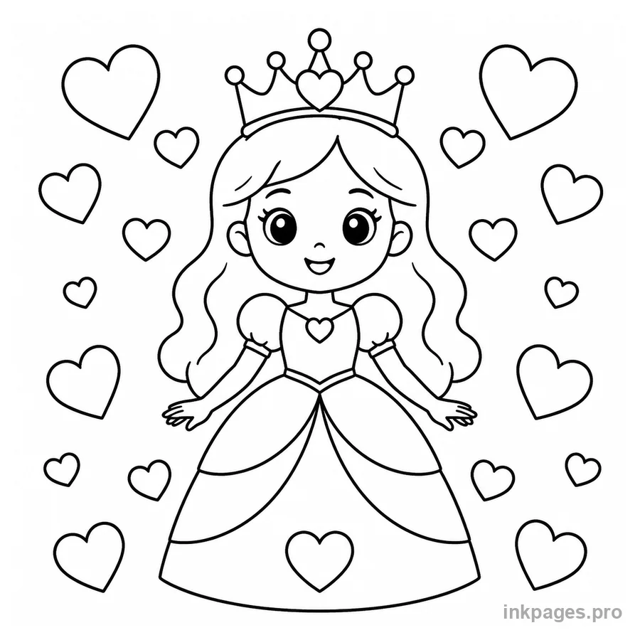 Free printable princess coloring page: a princess with a crown surrounded by hearts