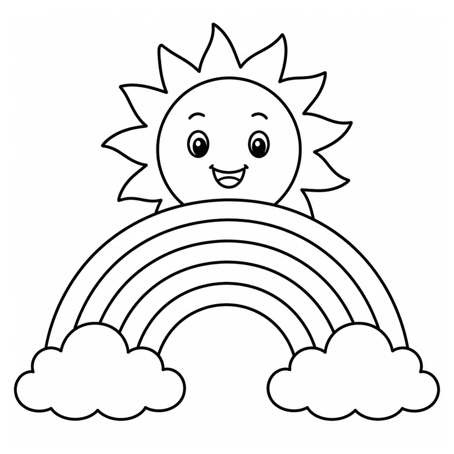Free printable rainbow coloring page: a rainbow with a smiling sun