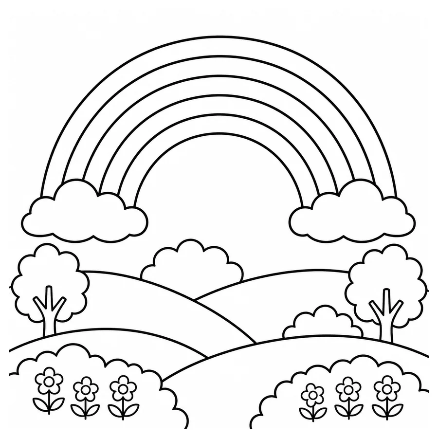 Free printable rainbow coloring page: a rainbow over rolling hills