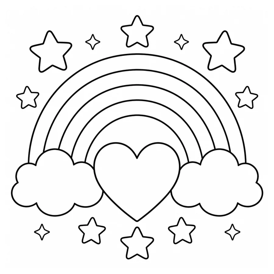 Free printable rainbow coloring page: a rainbow with stars and a heart
