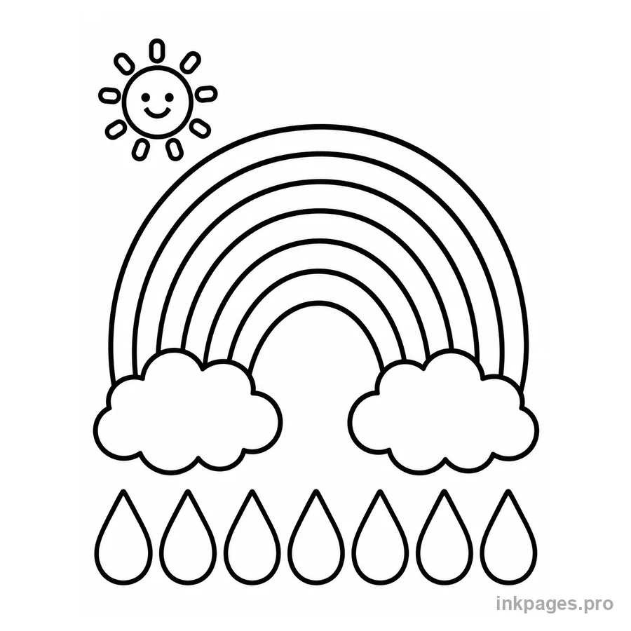 Free printable rainbow coloring page: a very easy rainbow above two clouds with seven large raindrops in a neat row