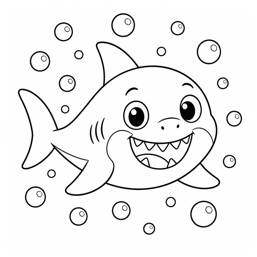 Free printable shark coloring page: a baby shark swimming among bubbles