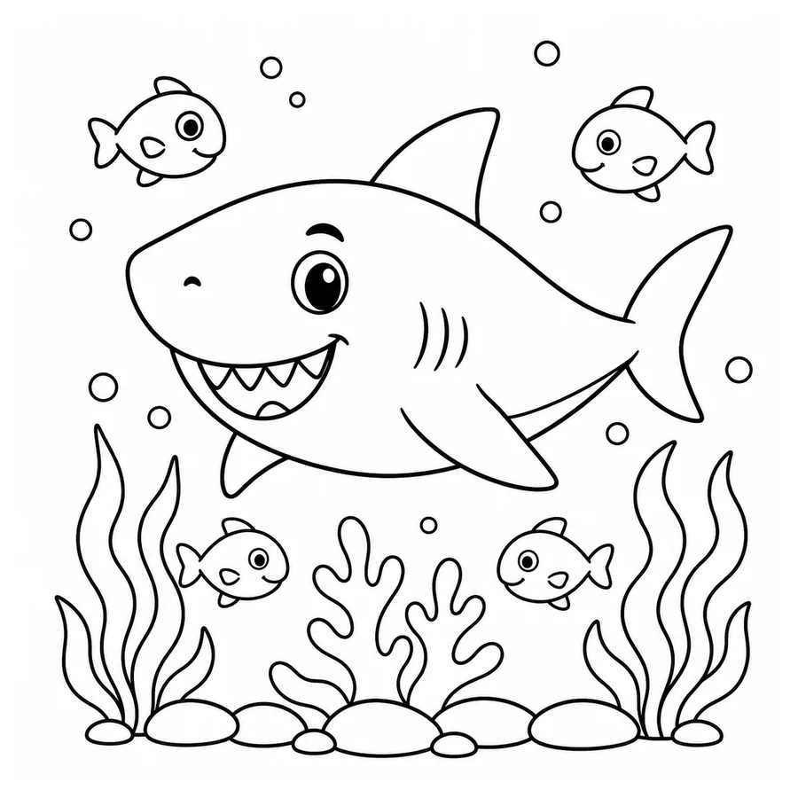 Free printable shark coloring page: a shark with seaweed and small fish