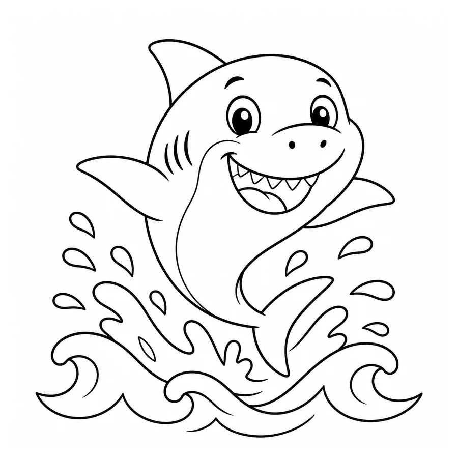 Free printable shark coloring page: a happy shark jumping out of the waves