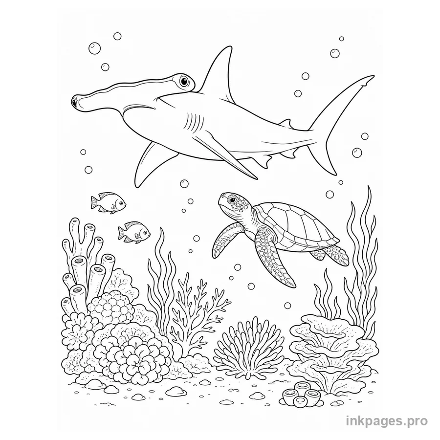 Free printable shark coloring page: a recognizable hammerhead shark gliding above a coral reef beside a sea turtle