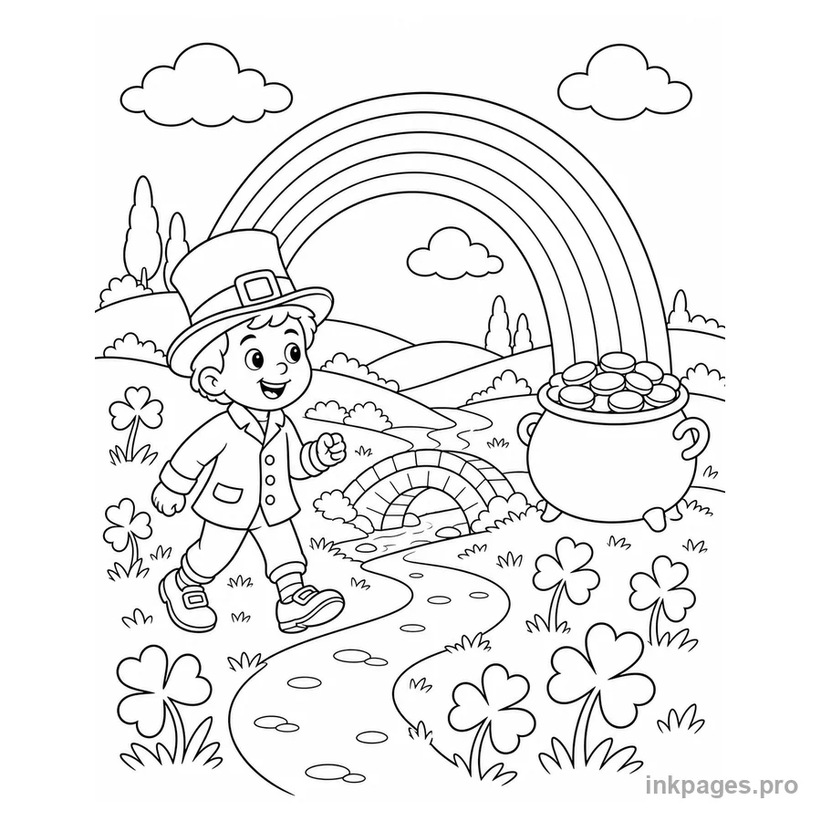 Free printable St. Patrick's Day coloring page: a cheerful child in a leprechaun hat following a rainbow to a pot of gold with shamrocks around
