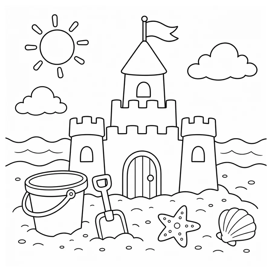 Free printable summer coloring page: a beach scene with a sandcastle and bucket