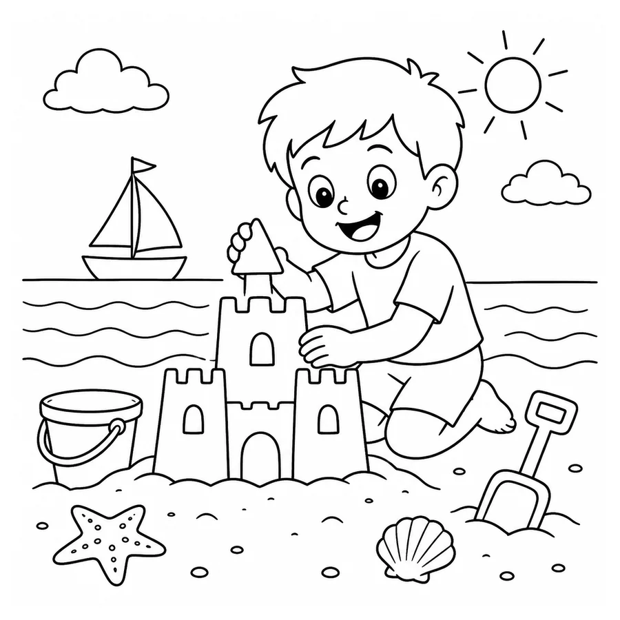 Free printable summer coloring page: a kid building a sandcastle by the sea