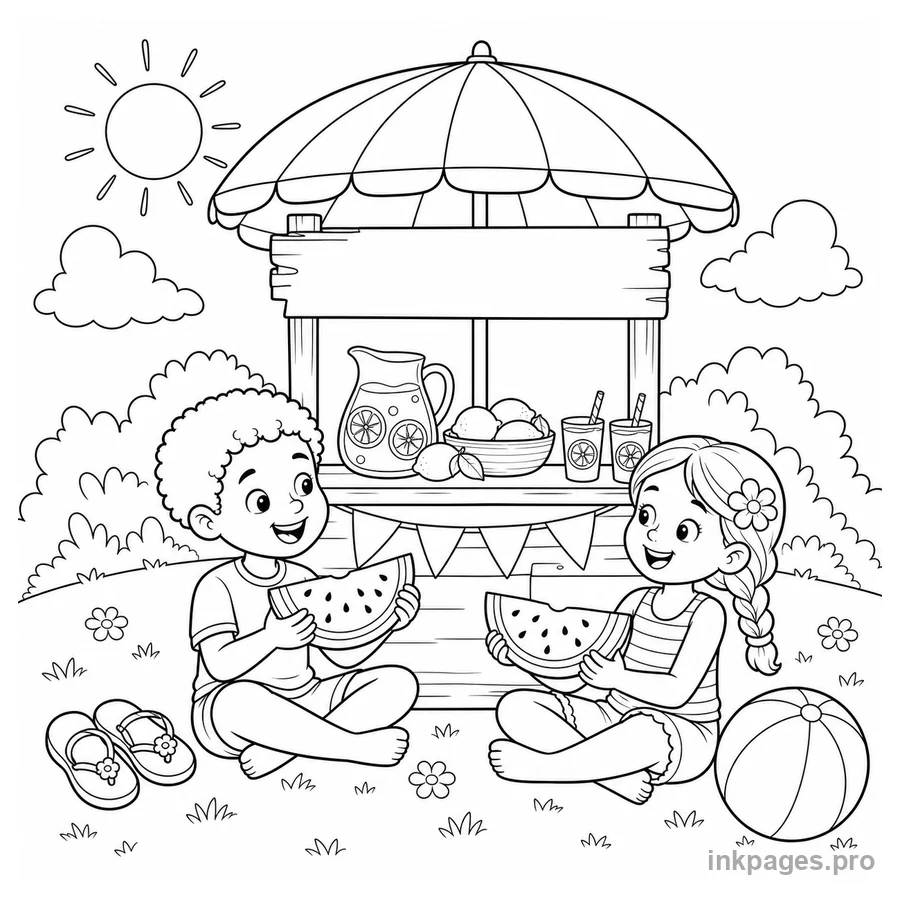 Free printable summer coloring page: two children sharing watermelon at a lemonade stand under a beach umbrella