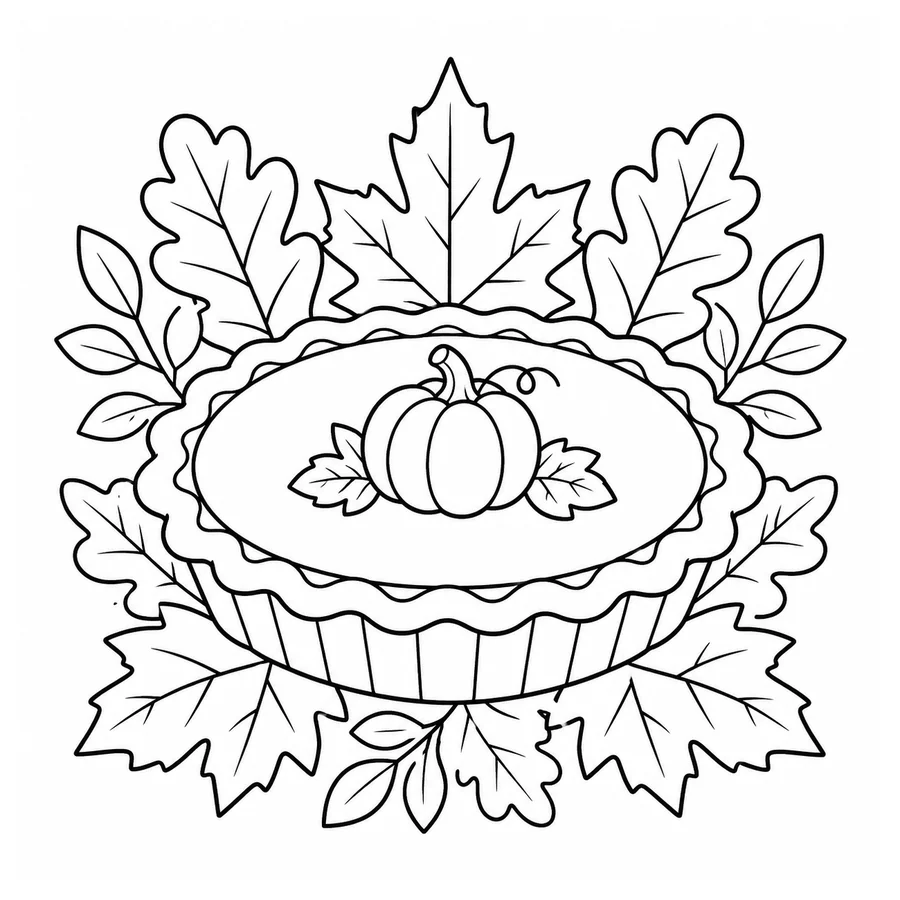 Free printable thanksgiving coloring page: a pumpkin pie with autumn leaves