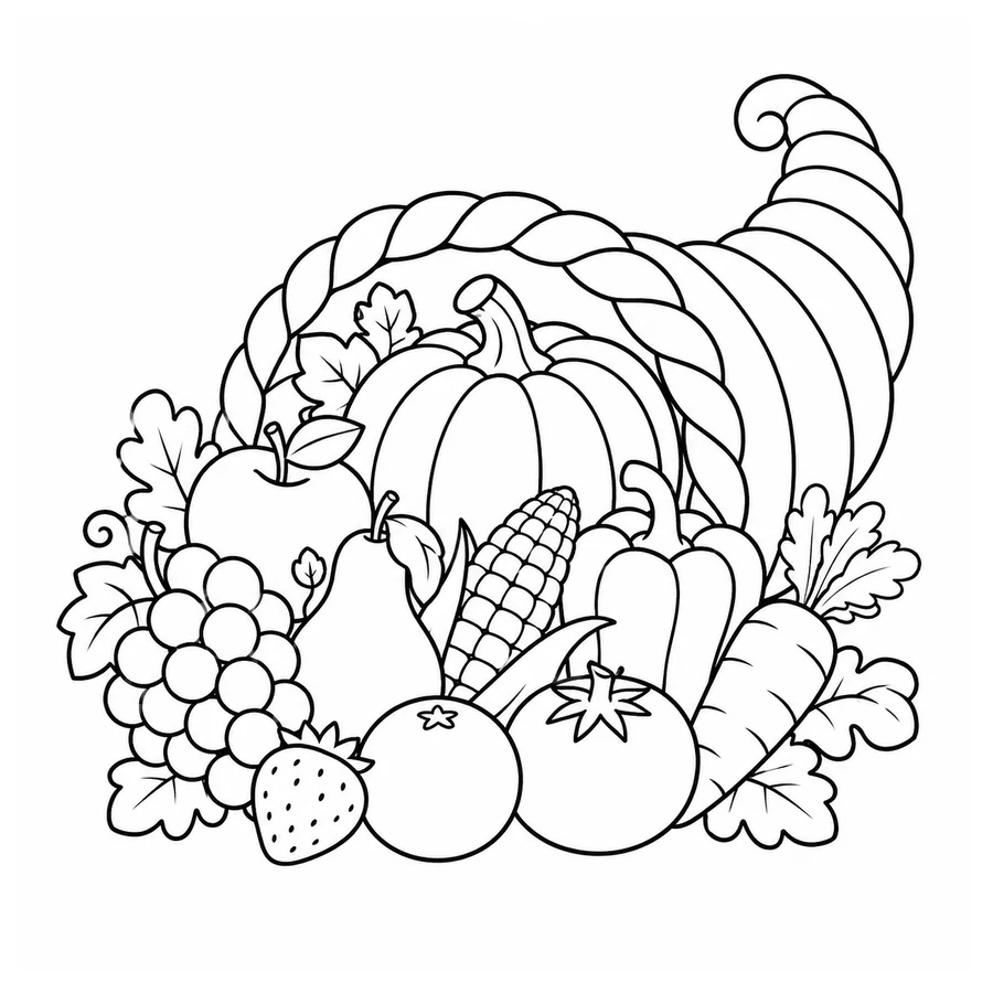 Free printable thanksgiving coloring page: a cornucopia filled with fruit and vegetables