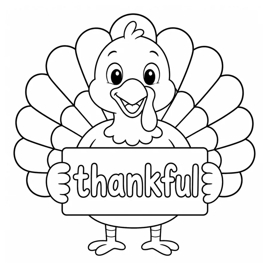 Free printable thanksgiving coloring page: a turkey holding a 'thankful' sign