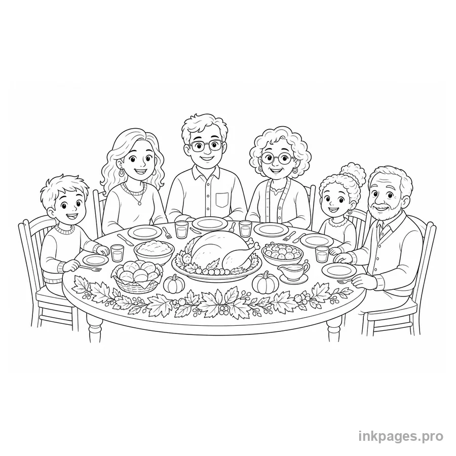 Free printable thanksgiving coloring page: a welcoming family Thanksgiving dinner table with turkey, vegetables and autumn decorations