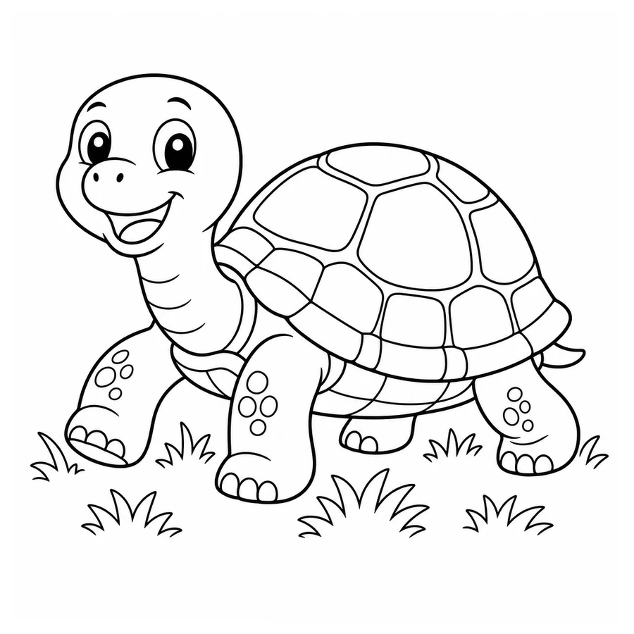 Free printable turtle coloring page: a smiling tortoise walking on grass