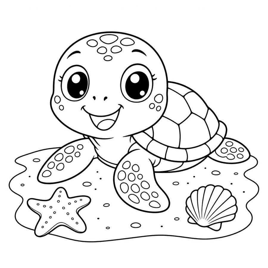 Free printable turtle coloring page: a baby turtle on the beach