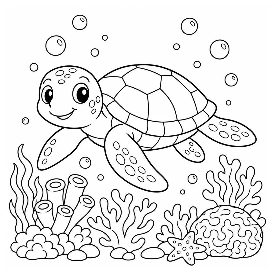 Free printable turtle coloring page: a sea turtle gliding past coral and bubbles