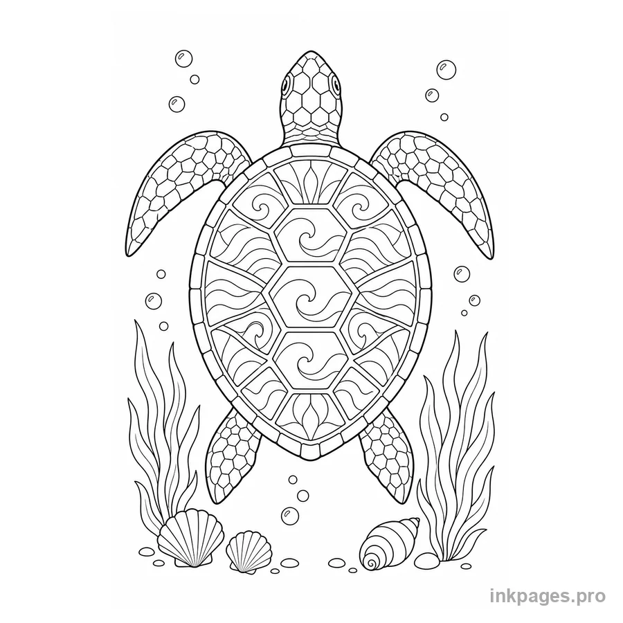 Free printable turtle coloring page: a large sea turtle viewed from above with a mosaic-pattern shell and simple ocean plants