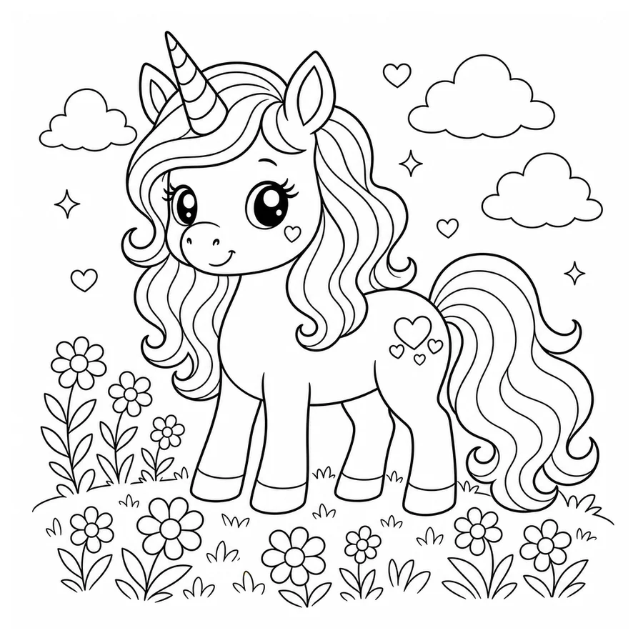 Free printable unicorn coloring page: a cute unicorn with a flowing mane standing in a meadow