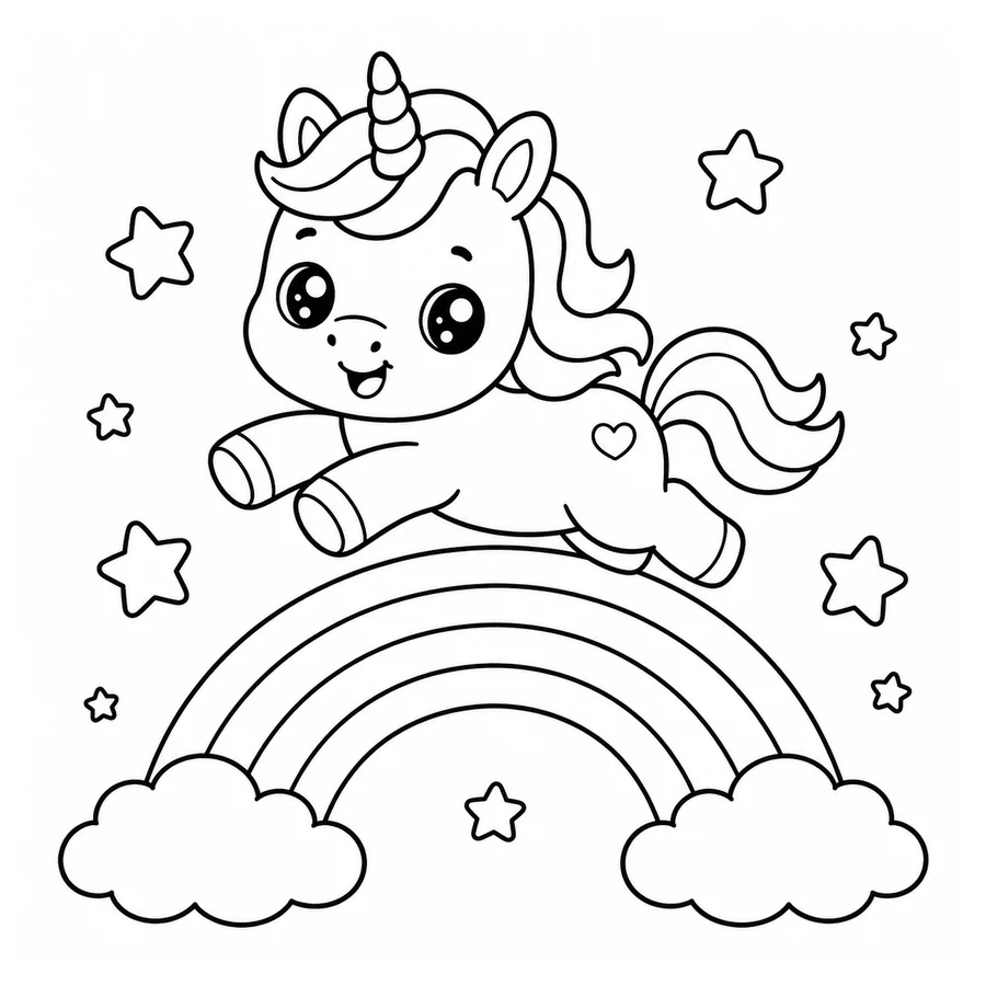 Free printable unicorn coloring page: a baby unicorn jumping over a rainbow with stars