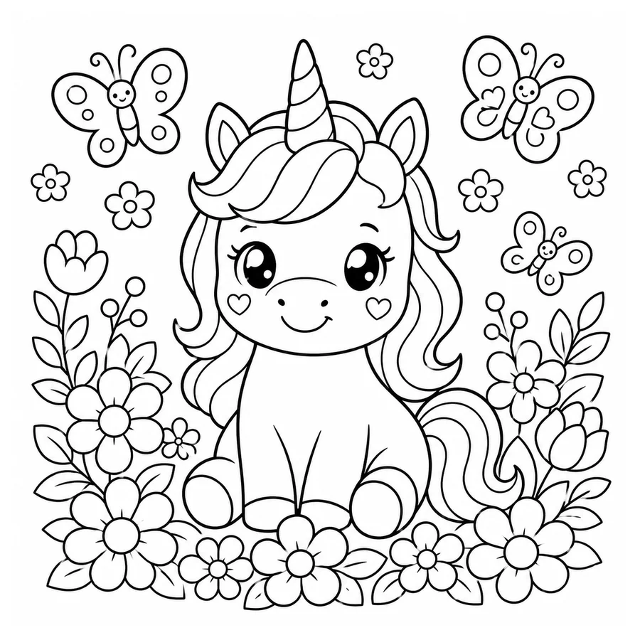 Free printable unicorn coloring page: a smiling unicorn surrounded by flowers and butterflies