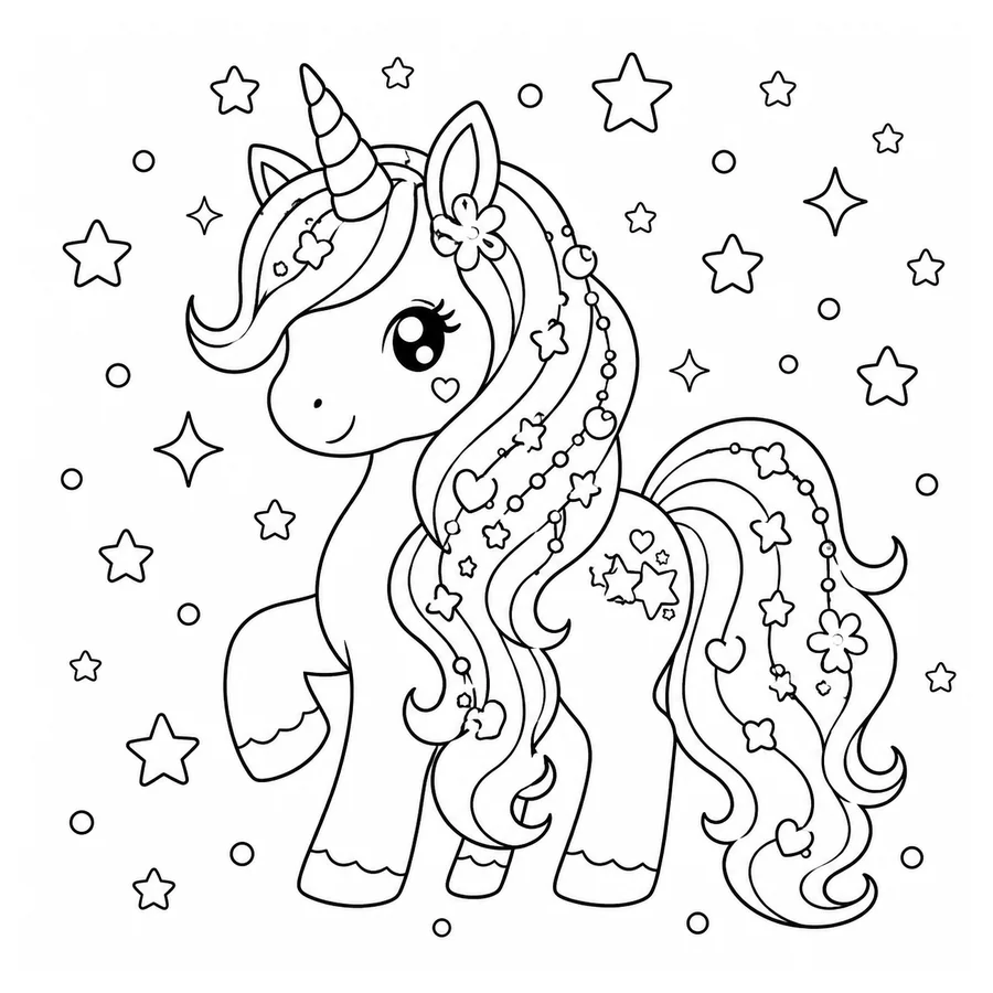 Free printable unicorn coloring page: a unicorn with a long decorated mane and a starry sky