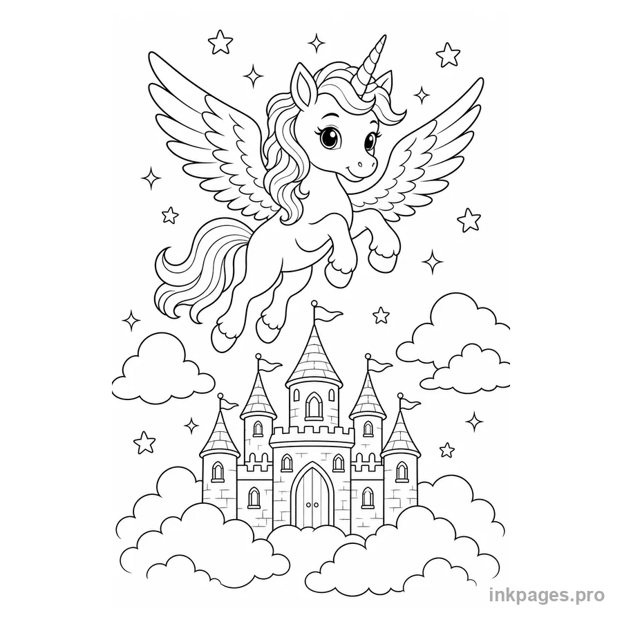 Free printable unicorn coloring page: a winged unicorn foal flying above a simple fairytale castle and fluffy clouds