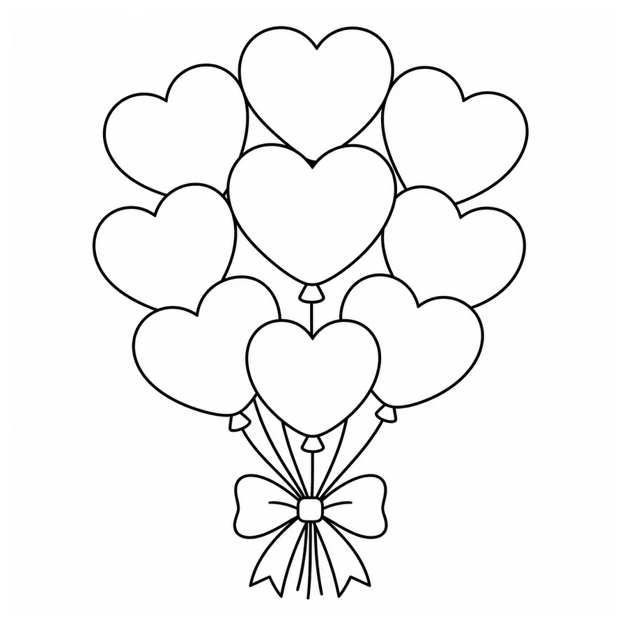 Free printable valentine's day coloring page: a bunch of balloons shaped like hearts