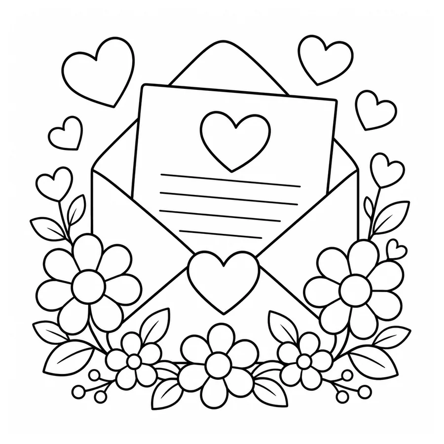 Free printable valentine's day coloring page: a love letter with hearts and flowers