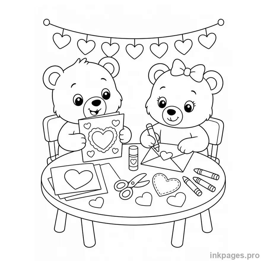 Free printable valentine's day coloring page: two cute bear friends making handmade Valentine cards at a classroom table