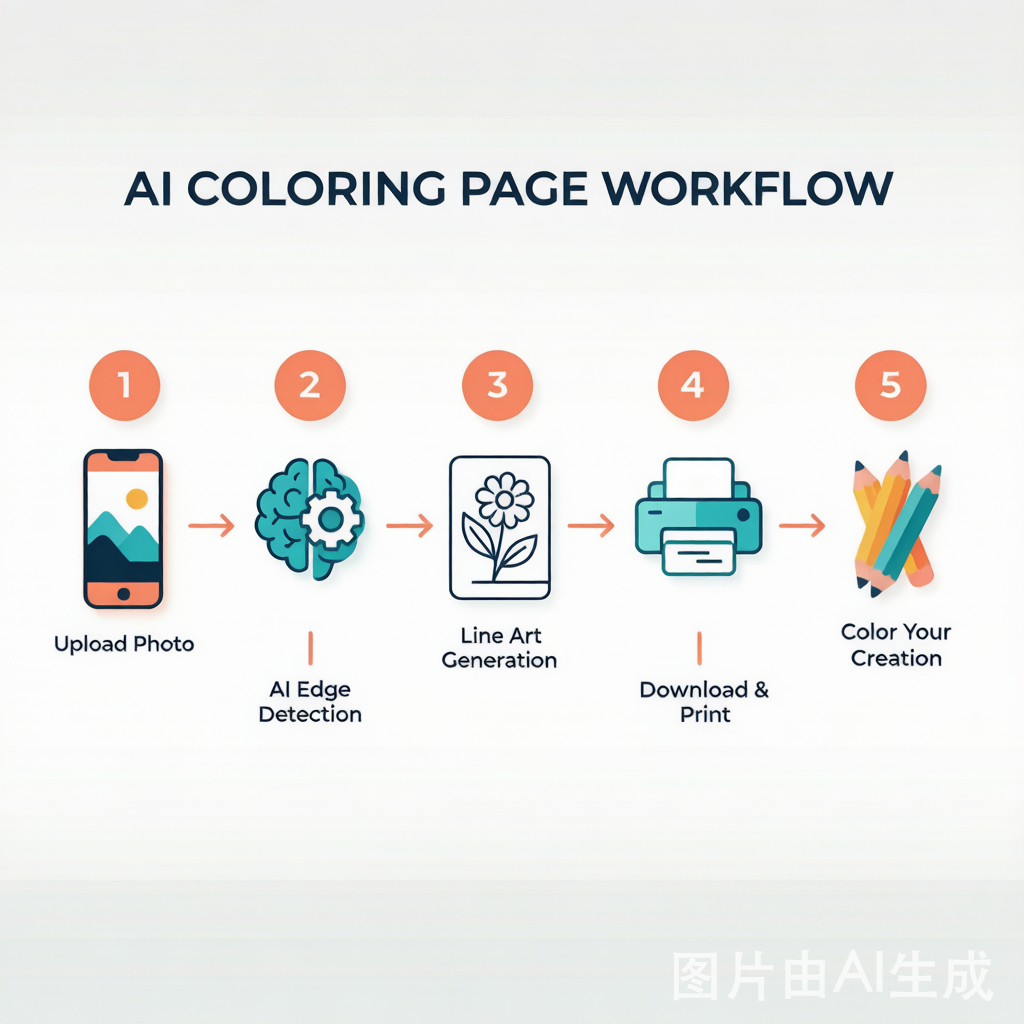 AI photo-to-coloring page workflow: upload → edge detection → line art → print → color