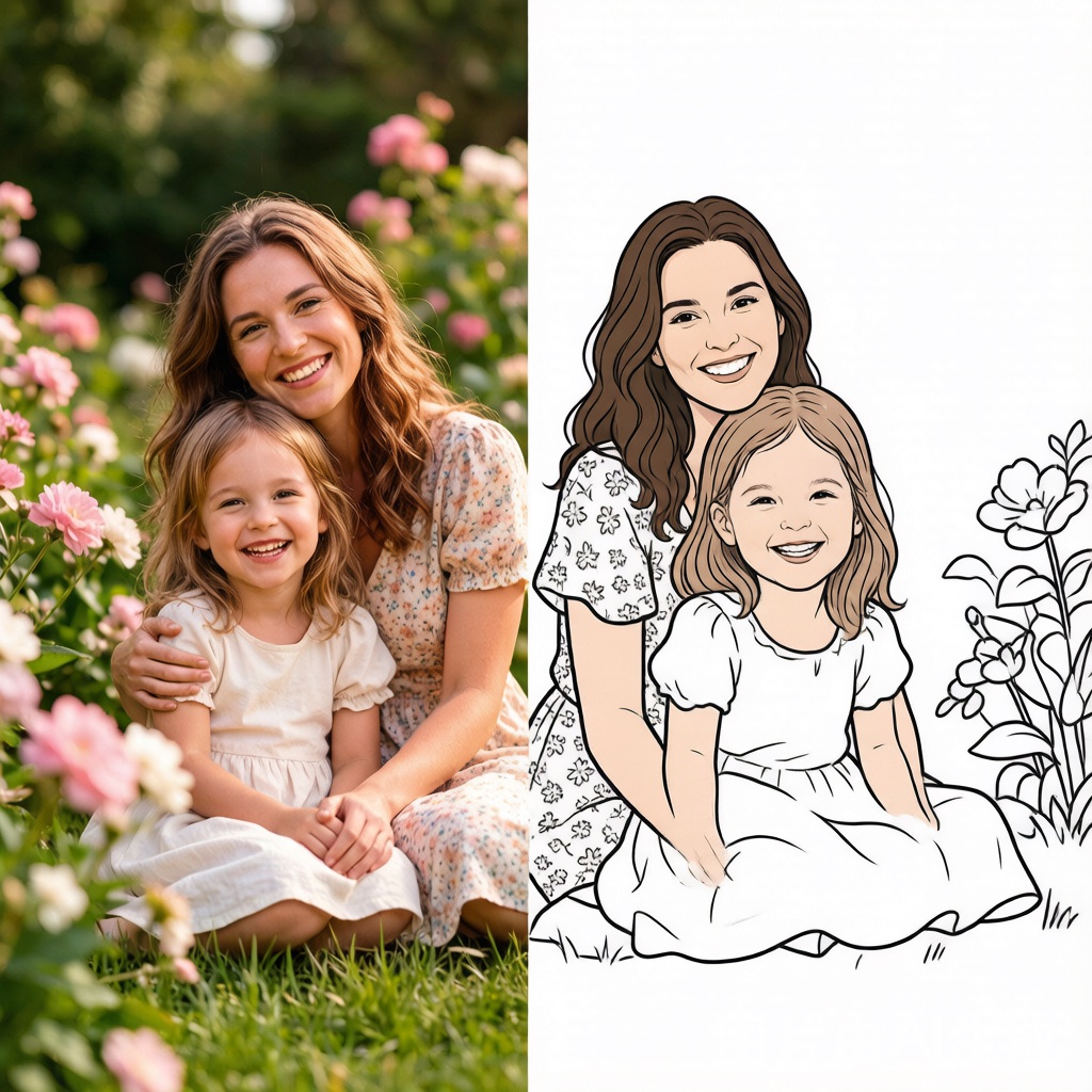Before and after example of a family photo turned into a printable coloring page
