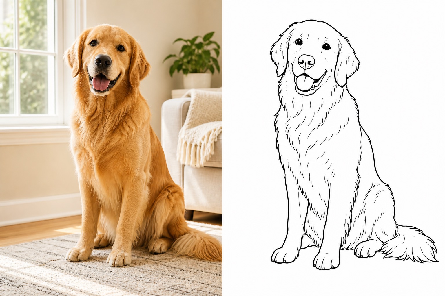 Before and after comparison: a colorful dog photo next to the same dog as a clean black-and-white coloring page